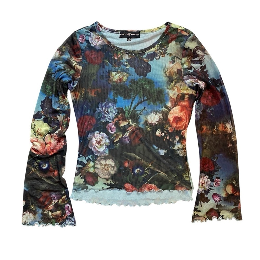 Vintage Y2K Almost Famous Floral Renaissance Mesh ruffled Top Size Small